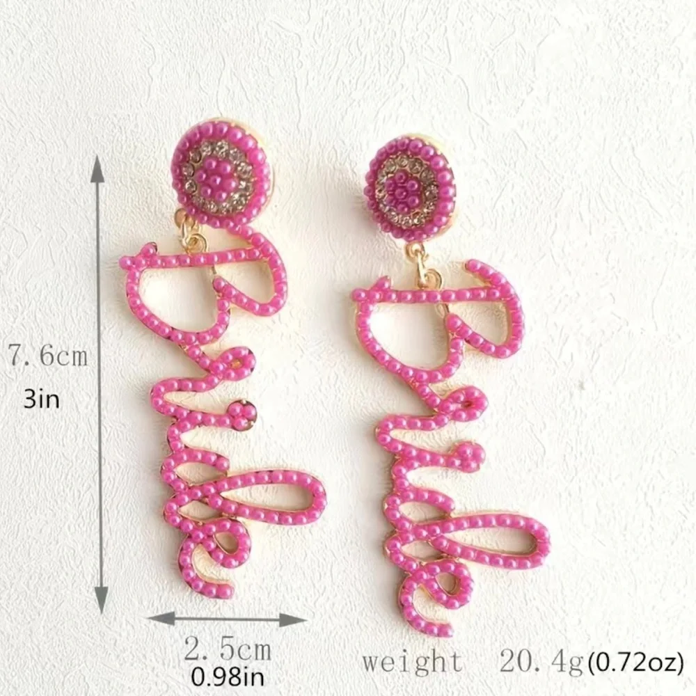 Pink Bride Earrings Graphic Hot Pink & White with Rice Beads